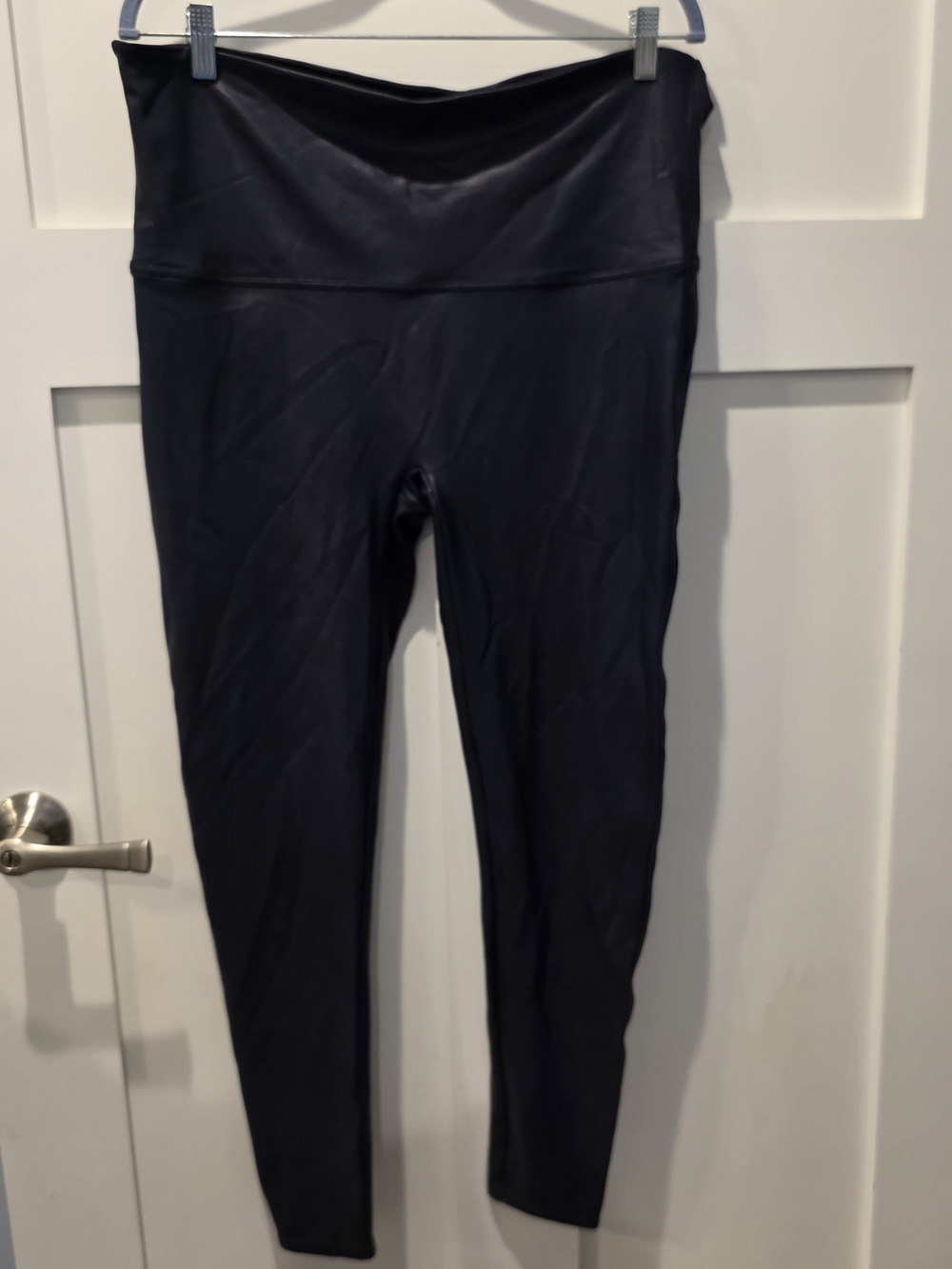 Spanx Faux Leather Leggings Navy Blue 3XL Shiny Metallic Shapewear Women's